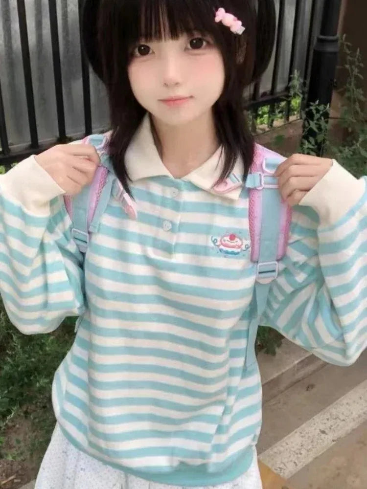 Advbridge Y2k Harajuku Kawaii Hoodie Women Japanese Fashion Cute Striped Cake Embroidery Loose Sweatshirt Soft Girl Pullovers Flutter Sleeve Feminine Advbridge Y2k Harajuku Kawaii Hoodie Women Japanese Fashion Cute Striped Cake Embroidery Loose Sweatshirt Soft Girl Pullovers Flutter Sleeve Feminine