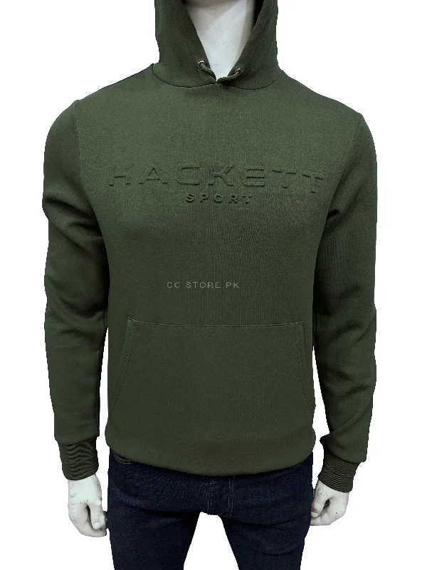 Hackett Sport Embossed Olive Green Hoodie Hooded Sweatshirt Casual Wear Street Style