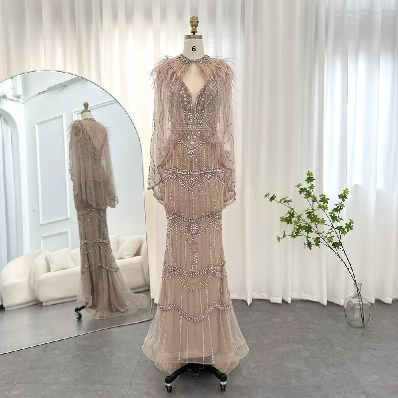 Luxury Champagne Feathers Shawl Cape Mermaid Evening Dress SS039 Trendy Sheer Shawl Wrap Luxury Champagne Feathers Shawl Cape Mermaid Evening Dress SS039 Trendy Sheer Shawl Wrap