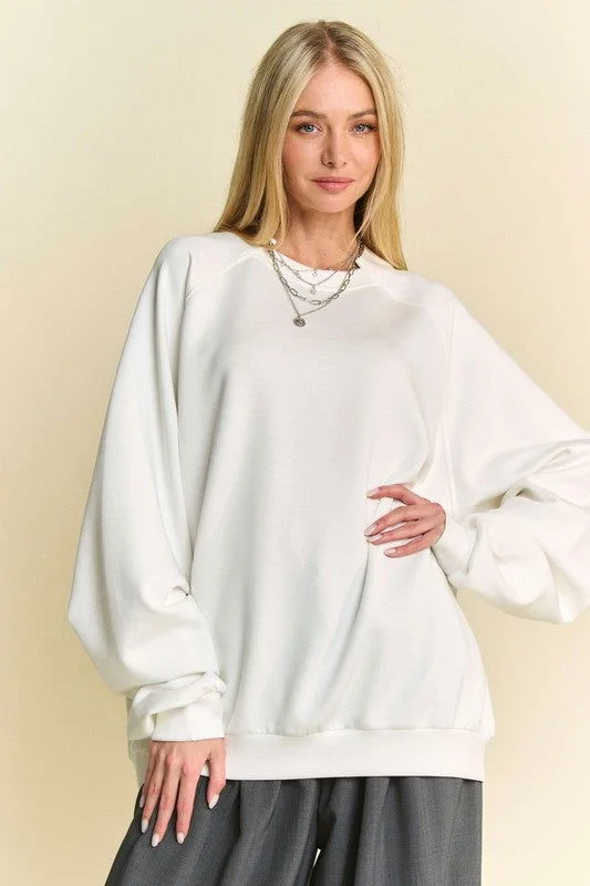 Davi & Dani Round Neck Raglan Sleeve Sweatshirt In White Hoodie with Hidden Zipper Minimalist Clean