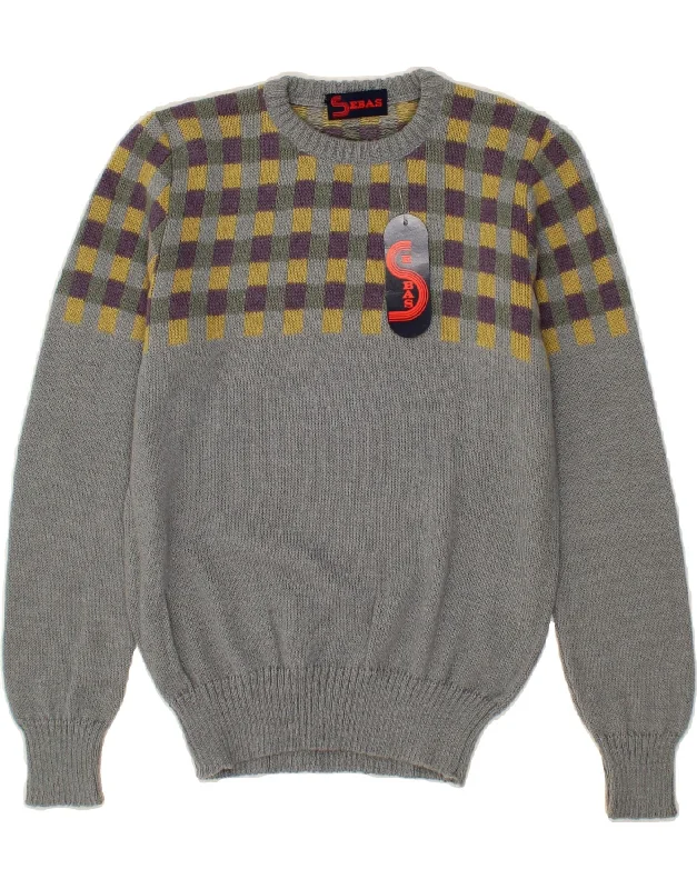 VINTAGE Womens Crew Neck Jumper Sweater IT 46 Large Grey Gingham Acrylic Welt Pockets Slit Pockets Flap Pockets