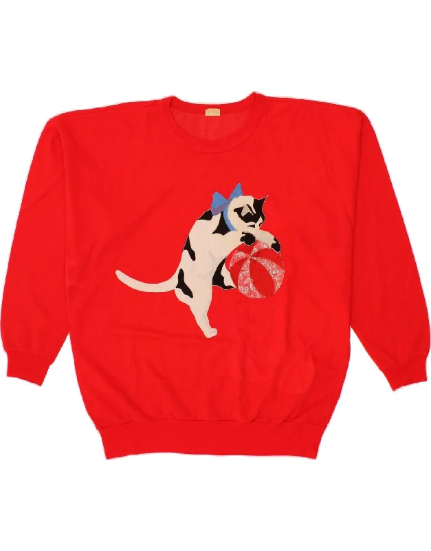 VINTAGE Womens Crew Neck Jumper Sweater UK 20 2XL Red Animal Print Fitted Loose Oversized