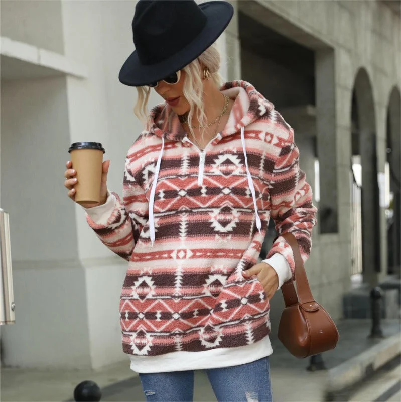 Wholesale Autumn and Winter Women's Aztec Hooded Half-Zip Pullover Sweatshirt Fitted Ribbed Sweater Wholesale Autumn and Winter Women's Aztec Hooded Half-Zip Pullover Sweatshirt Fitted Ribbed Sweater