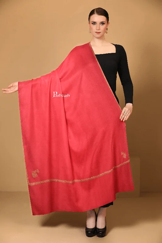 Pashtush Womens Fine Wool Shawl, Hand Embroidered Kingri Design, Red Elegant Silk Shawl Wrap