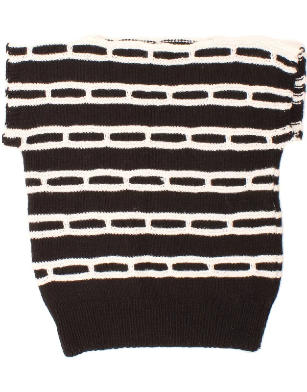 VINTAGE Womens Boat Neck Jumper Sweater UK 14 Medium Black Striped Long Sweater Short Sweater Cropped Sweater