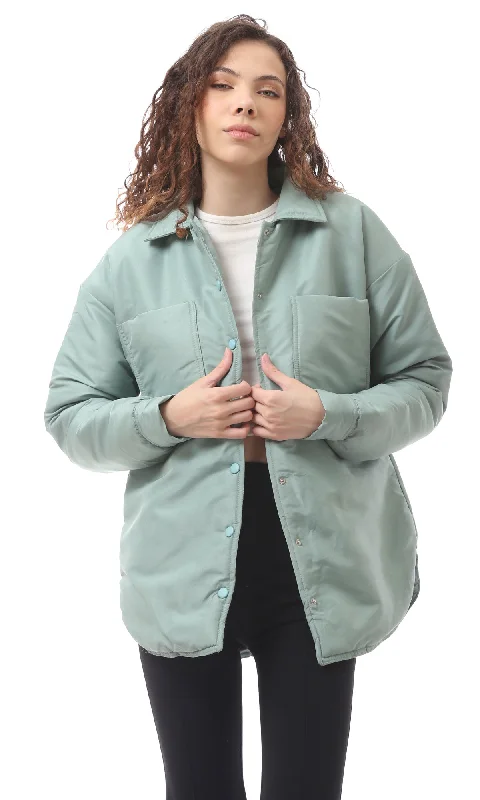 O170783 Mint Green Buttoned Mandarin Collar Jacket Knit Jacket Woven Jacket Fleece Jacket