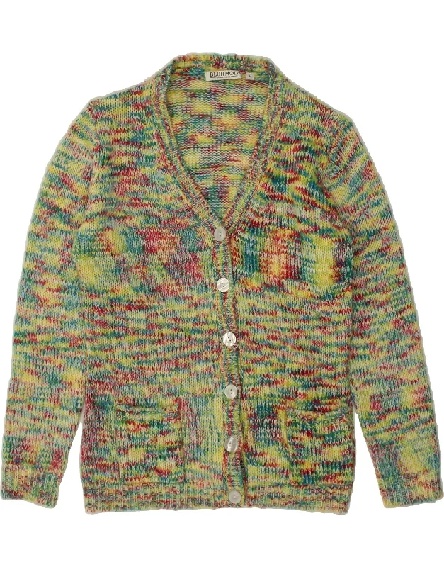 BLUHMOD Womens Cardigan Sweater UK 14 Medium Green Striped Acrylic Chenille Blend Fleece Blend Nylon Blend