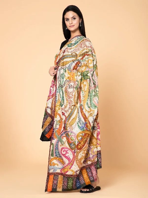 Pashtush Womens Kalamkari Shawl with Hand Embroidered Outline Work, Fine Wool, Shades of Bloom Stylish Long Shawl Wrap