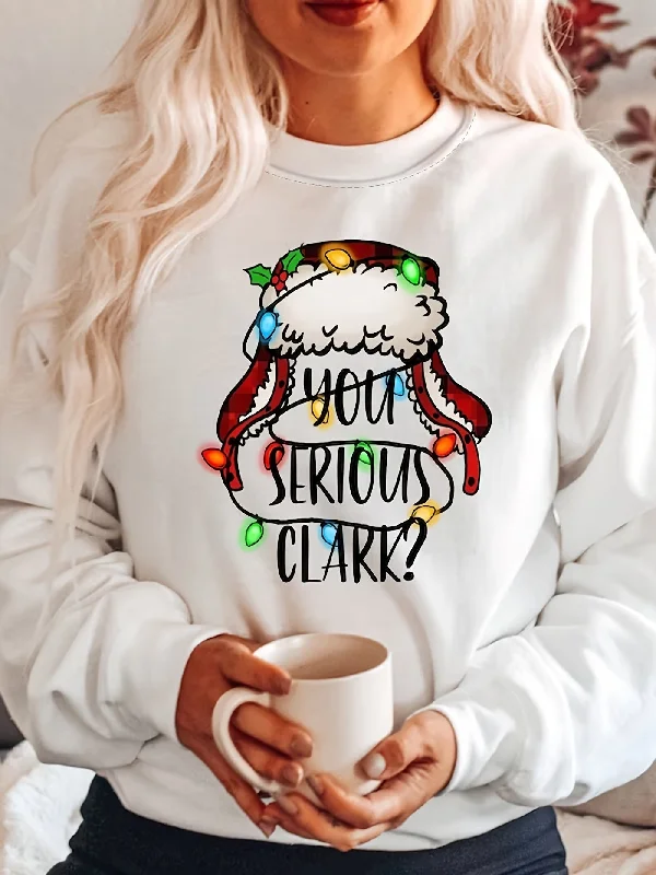 Cozy Festive Graphic Print Crew Neck Sweatshirt - Soft Casual Long Sleeve Drop Shoulder Design, Relaxed Fit, Women's Winter Clothing for Holiday Season Hoodie with Mesh Breathable Sporty
