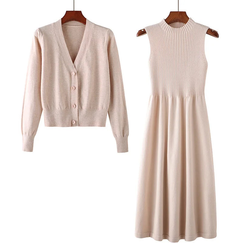 Yipinpay new spring and autumn long-sleeved v-neck top two-piece suit sweater dress wild loose knit cardigan women Fleece Fabric Down Fabric Feather Fabric