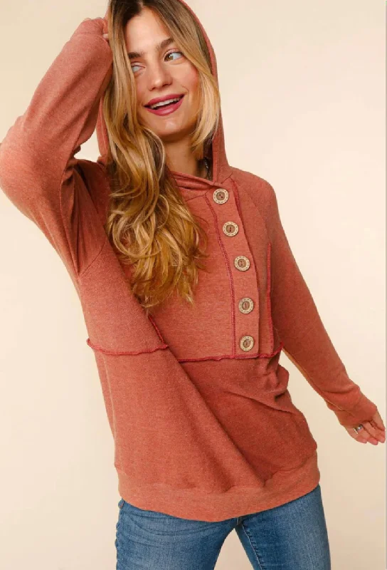 Rust Button Detail Hoodie Hoodie with Frayed Bohemian Relaxed