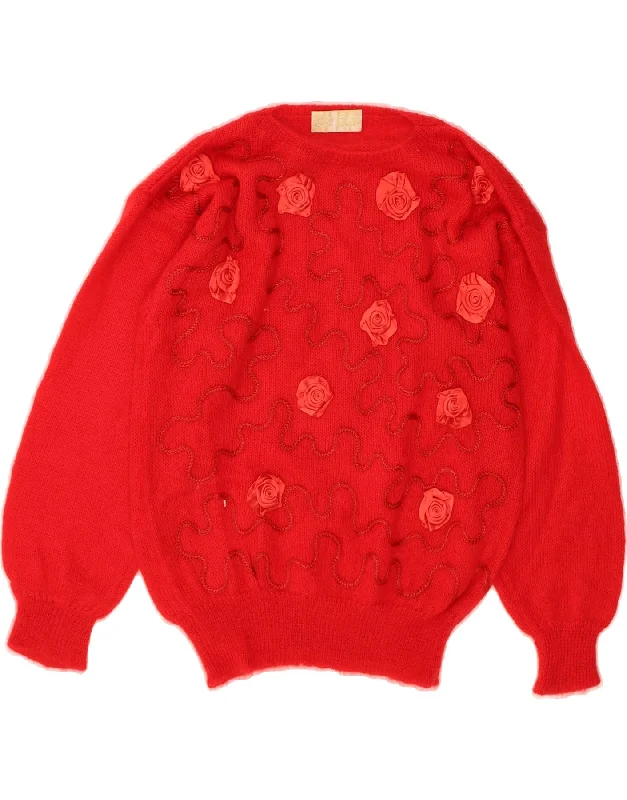 VINTAGE Womens Boat Neck Jumper Sweater UK 14 Medium Red Floral Mohair Zippered Front Buttoned Front Snap Front