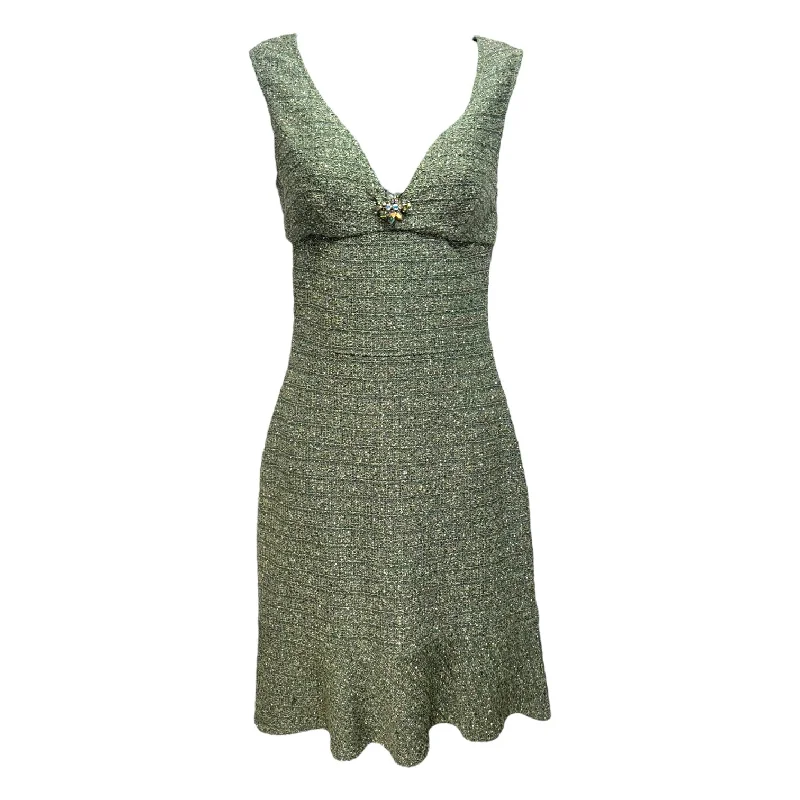 Fit & Flare Metallic Tweed Tank Dress Luxury Designer By St. John Evening In Green, Size: 4 Fit & Flare Metallic Tweed Tank Dress Luxury Designer By St. John Evening In Green, Size: 4