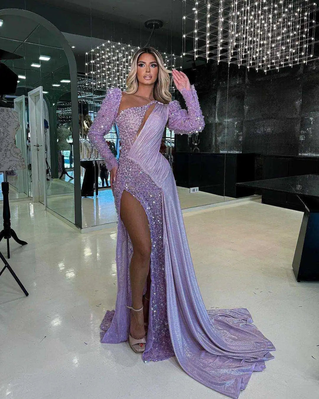 Luxurious Purple Prom Dresses Mermaid Lace Beading Sequined Evening Gowns African High Split Special Occasion Dress Luxurious Purple Prom Dresses Mermaid Lace Beading Sequined Evening Gowns African High Split Special Occasion Dress