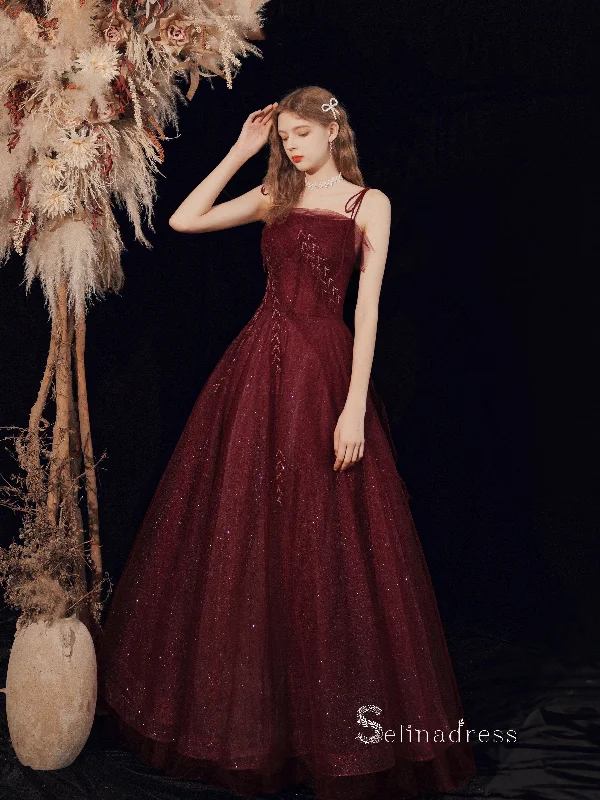 Chic A-line Spaghetti Straps Long Prom Dresses Cheap Burgundy Evening Dress CBD106