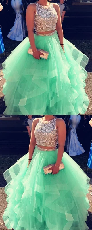 Sparkly Sequins Beaded Organza Layered Ball Gowns Prom Dresses Two Piece     cg15496
