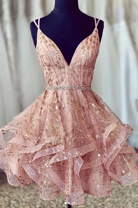 Cheap A Line Spaghetti Straps Lace Up V Neck Pink Homecoming Dress, With Sequins
