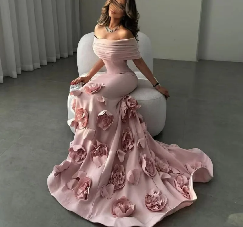 Luxury Mermaid Prom Dresses with Flowers Decorate Formal Evening Dresses