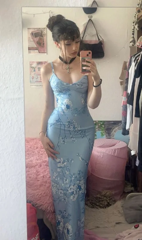 Unique Mermaid Blue Print Prom Dress Long Party Evening Dress cc1653