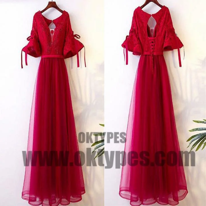 Red Half Sleeve Appliques Beaded Open Back Lace Up Tulle Prom Dresses, Prom Dresses, TYP0504 Red Half Sleeve Appliques Beaded Open Back Lace Up Tulle Prom Dresses, Prom Dresses, TYP0504