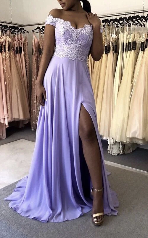 Elegant Lavender Chiffon Prom Dresses Off The Shoulder Evening Gown Lace Appliques Leg Split cg15475 Elegant Lavender Chiffon Prom Dresses Off The Shoulder Evening Gown Lace Appliques Leg Split cg15475