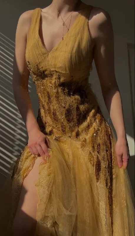 Vintage V Neck Tulle Lace Long Prom Dress Evening Dress cc1684