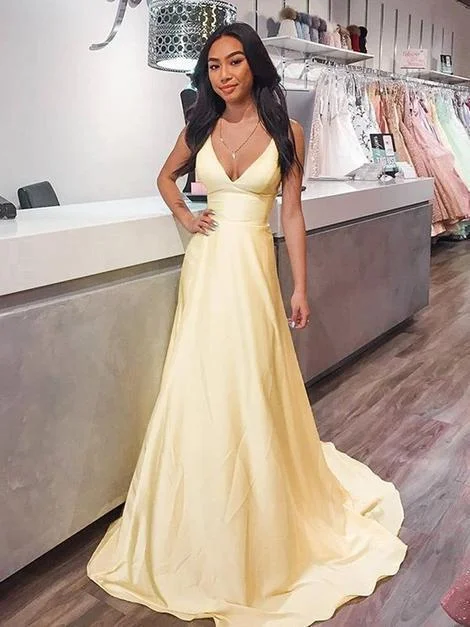 V Neck Yellow Satin Long Prom Dresses, Long Yellow Formal Graduation Evening Dresses cg15382 V Neck Yellow Satin Long Prom Dresses, Long Yellow Formal Graduation Evening Dresses cg15382