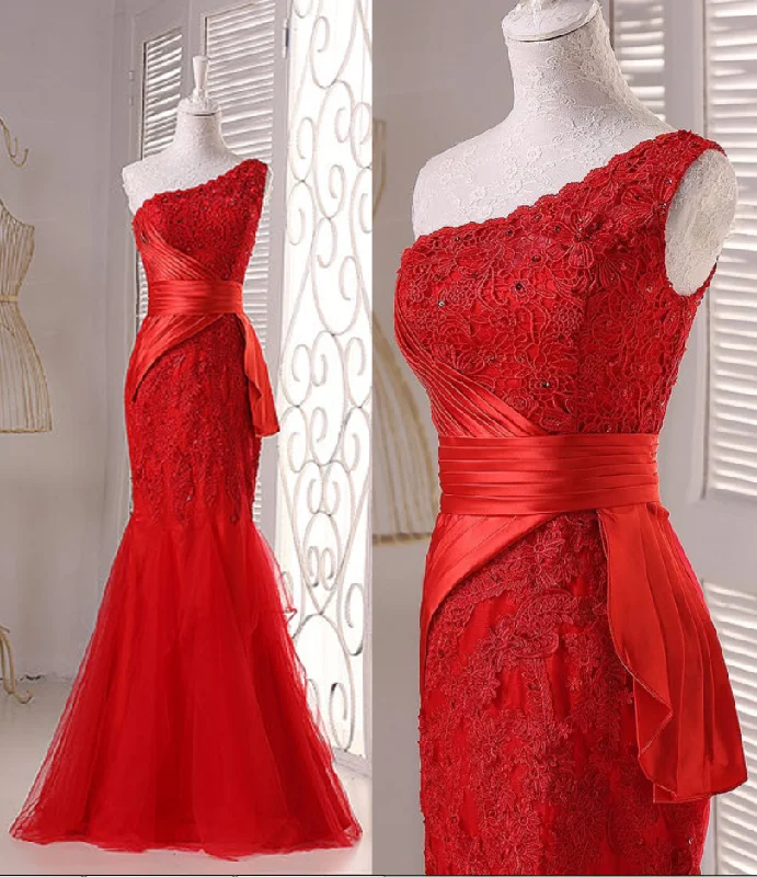 Elegant One Shoulder Red Lace Mermaid Wedding Party Dress, Red Prom Dress 2021 cg15511 Elegant One Shoulder Red Lace Mermaid Wedding Party Dress, Red Prom Dress 2021 cg15511
