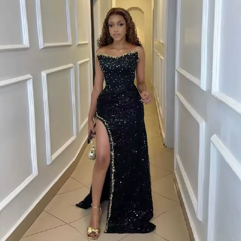 Luxury Sequins Beaded African Formal Dress Little Black Glitter Lace Evening Dress Asoebi Style Wedding Guest Dress Custom Luxury Sequins Beaded African Formal Dress Little Black Glitter Lace Evening Dress Asoebi Style Wedding Guest Dress Custom