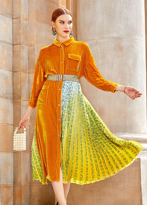 Casual Yellow Peter Pan Collar Print Patchwork Button Silk Velour Maxi Dress Long Sleeve Casual Yellow Peter Pan Collar Print Patchwork Button Silk Velour Maxi Dress Long Sleeve