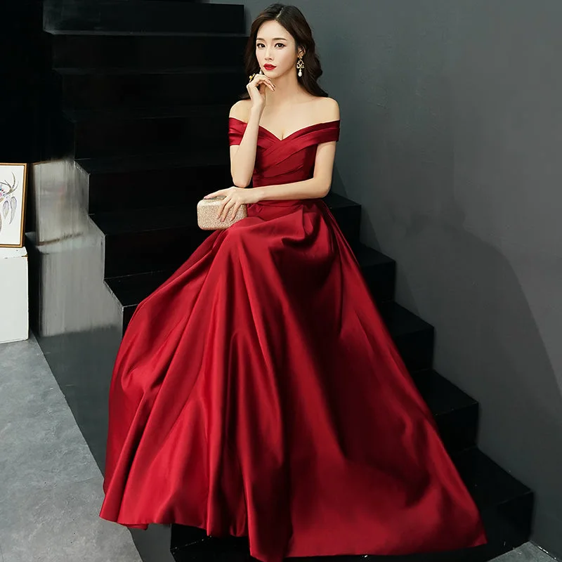 BURGUNDY V NECK SATIN LONG PROM DRESS, BURGUNDY EVENING DRESS   cg15414