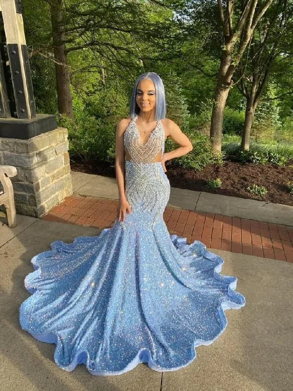 Gorgeous Blue Sequins Beaded Mermaid Evening Dress Shiny Party Prom Dress cc1694