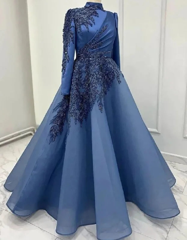 VLLUSISA High Neck Long Sleeve Handmade Beading Evening Dress Arabic Muslim Evening Gown VLLUSISA High Neck Long Sleeve Handmade Beading Evening Dress Arabic Muslim Evening Gown