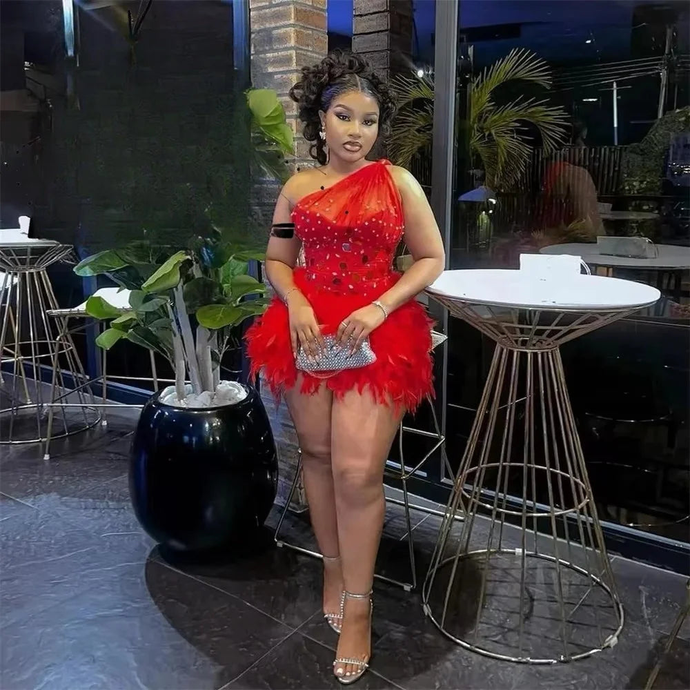 Sexy Red Short Prom Dress For Black Girls Beads Feathers Cocktail Dresses Formal Homecoming Customized