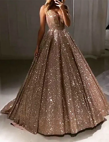 Chic A-line V neck Long Sparkly Gold Prom Dresses Evening Dress GKS207