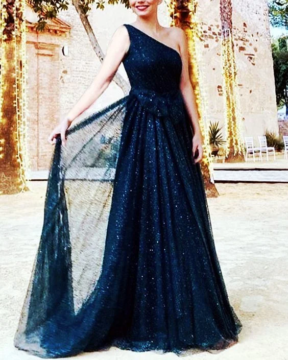 Navy blue glitter tulle prom dresses one shoulder floor length evening gown with sparkles cg15424 Navy blue glitter tulle prom dresses one shoulder floor length evening gown with sparkles cg15424