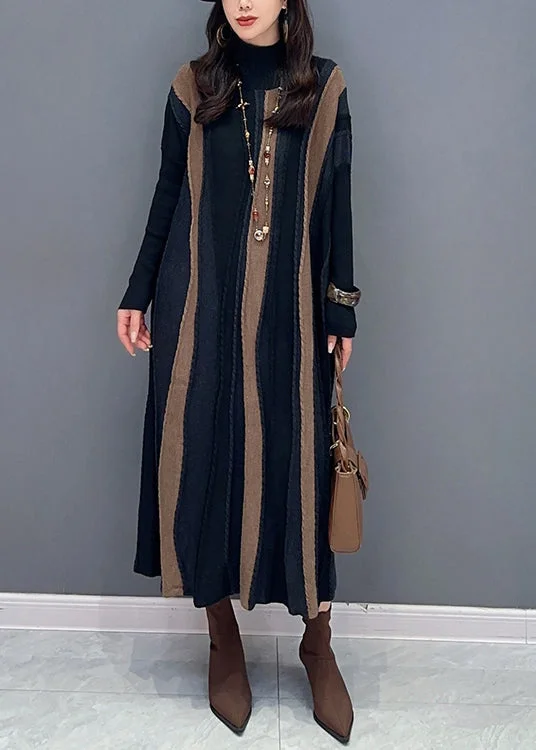 Italian Brown Striped Patchwork Knit Long Dresses Fall