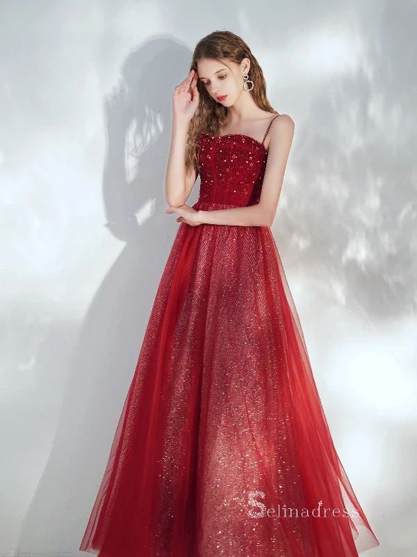 Chic A-line Spaghetti Straps Long Prom Dresses Red Graduaciones Dress CBD104