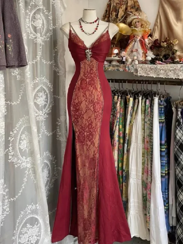 Vintage V Neck Lace Burgundy Long Prom Dress Mermaid Party Evening Gown cc1736