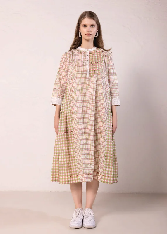 Pink & Green Loose Cotton Cross-Over Gather Dress