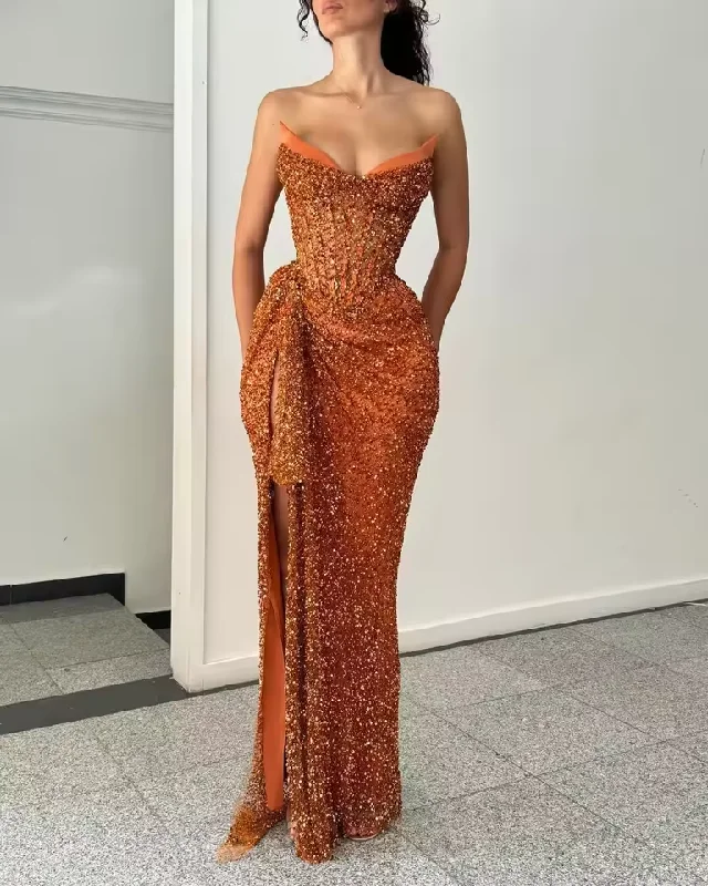 Hot Orange Sequin Prom Dresses Sheath High Side Slit Satin Celebrity Party Dress Special Occasion Long Prom Gown For Sexy Women