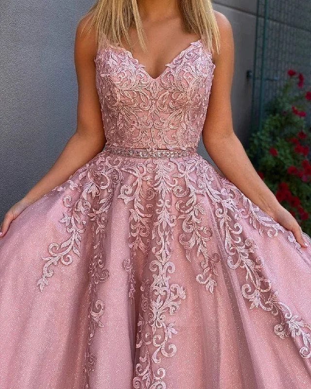 Chic A-line Two Pieces Spaghetti Straps Pink Prom Dresses Evening Dress GKS209