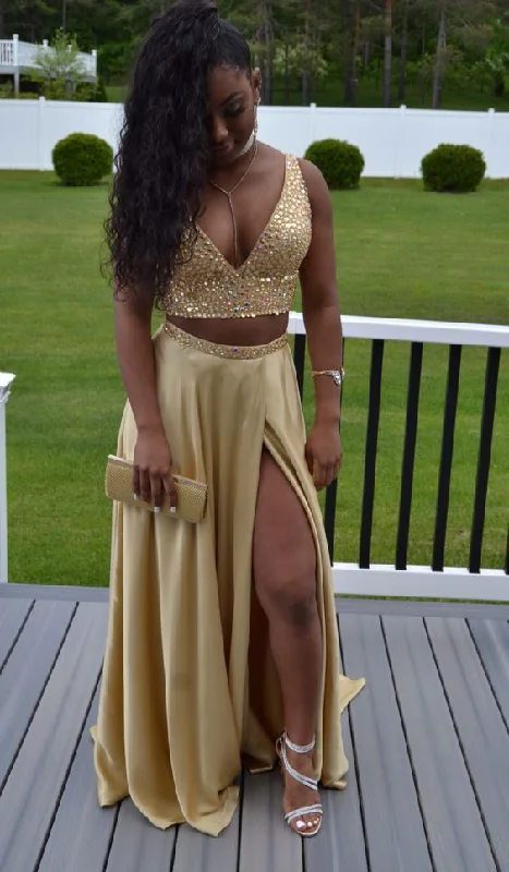 Gold two piece prom dresses, split side gold dresses   cg15588