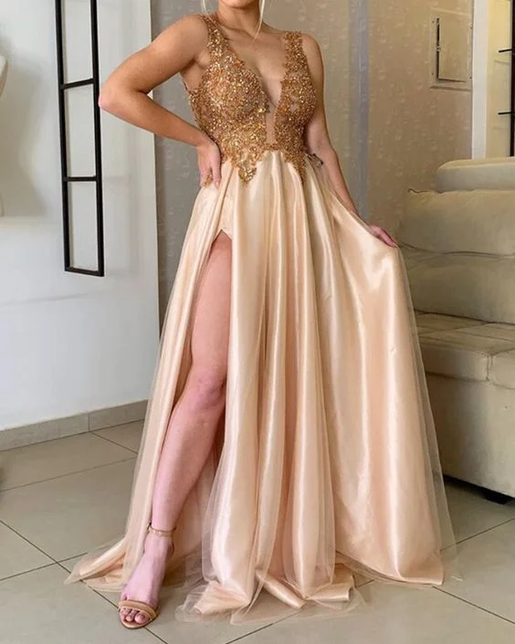 Elegant Tulle Prom Dresses Lace Beaded Leg Split   cg15476