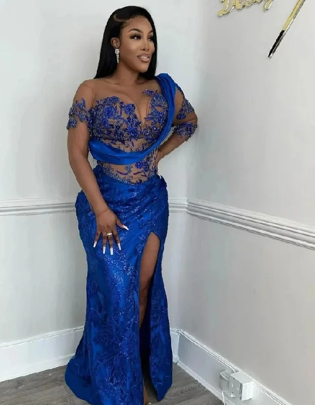 Royal Blue Aso Ebi African Evening Dresses Mermaid One-shoulder Lace Slit Long Dubai Saudi Arabic Black Girls Evening Gown Prom