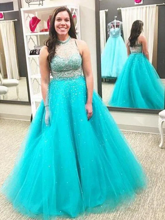 Ball Gown High Neck Sleeveless Beading Floor-Length Tulle Plus Size Dresses - Plus Size Prom Dresses cg15338 Ball Gown High Neck Sleeveless Beading Floor-Length Tulle Plus Size Dresses - Plus Size Prom Dresses cg15338