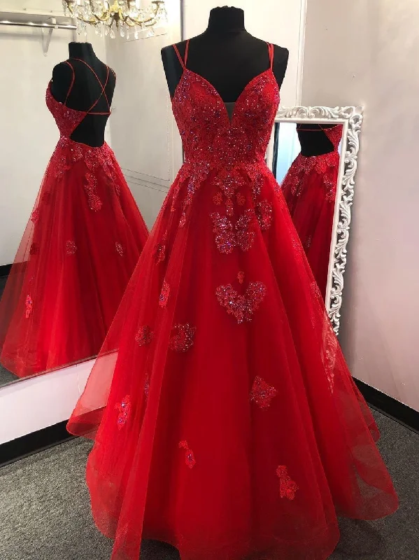 Chic A-line Spaghetti Straps Red Prom Dresses Long Beaded Formal Evening Gowns CBD022 Chic A-line Spaghetti Straps Red Prom Dresses Long Beaded Formal Evening Gowns CBD022