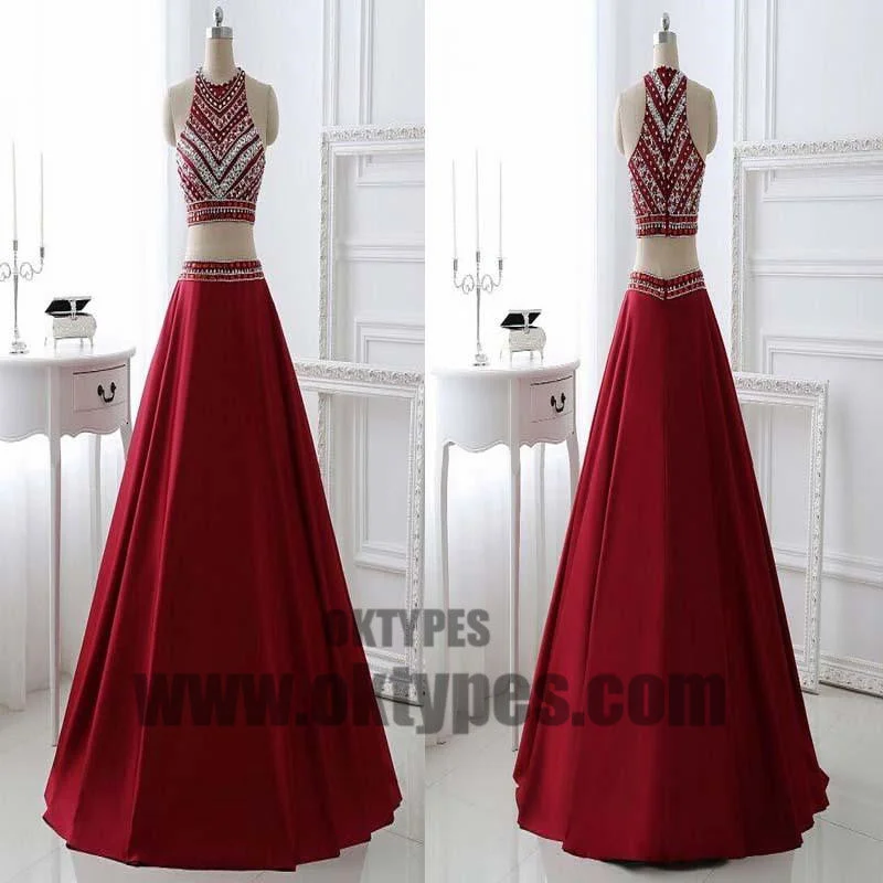 Red Two Piece Beading Prom dresses, Halter Prom Dresses, Zipper Prom Dresses, Soft Satin Prom Dresses, TYP0371 Red Two Piece Beading Prom dresses, Halter Prom Dresses, Zipper Prom Dresses, Soft Satin Prom Dresses, TYP0371