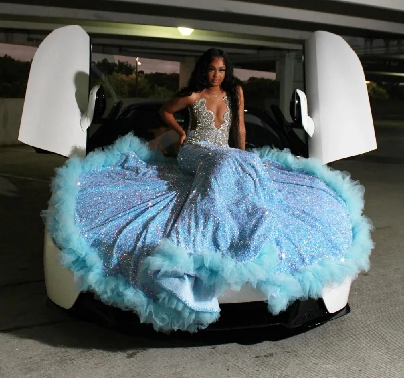 Customized Sexy Sky Blue Sequins Mermaid Prom Dress For Black Girls Crystal Beaded Formal Party Evening Gown