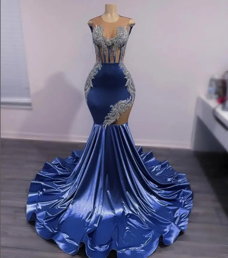Royal Blue Shiny Mermaid Prom Gala Dresses Sparkly Diamond Sheer Mesh Customsized Black Girl Evening Birthday Party Gown Royal Blue Shiny Mermaid Prom Gala Dresses Sparkly Diamond Sheer Mesh Customsized Black Girl Evening Birthday Party Gown
